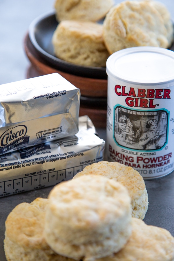 photo of the crisco, baking soda, and baked biscuits.