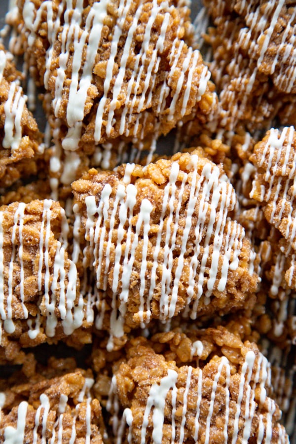 overhead shot of the sliced treats topped with white chocolate.