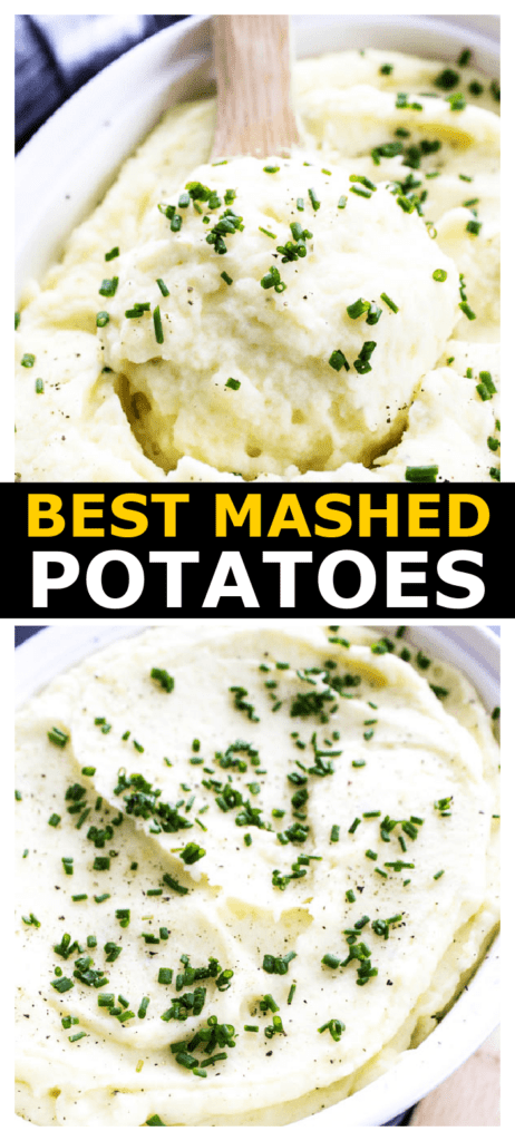 two pictures of mashed potatoes in a collage topped with chives