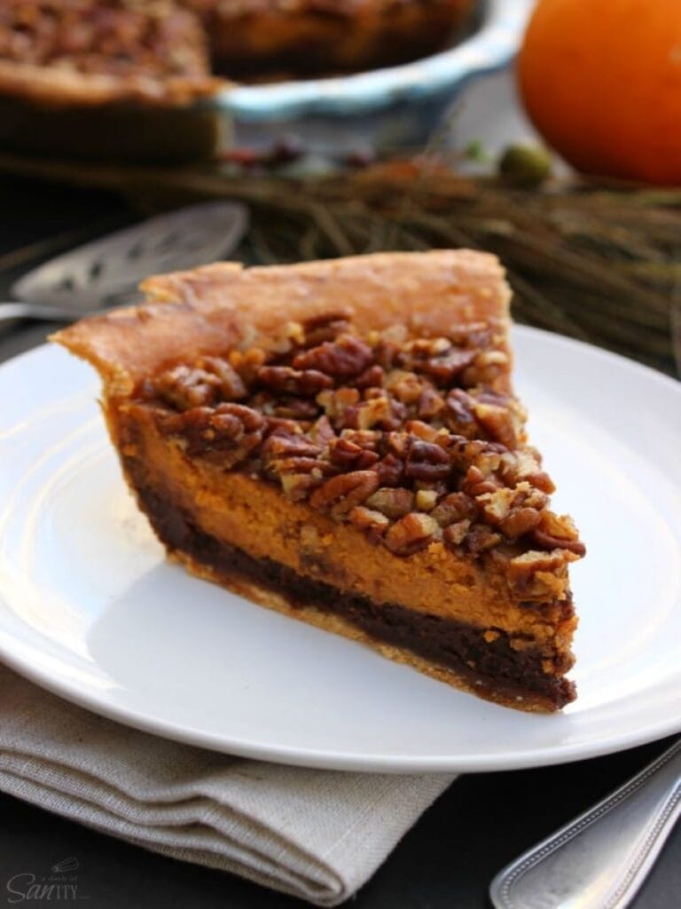 slice of pumpkin fudge pecan pie