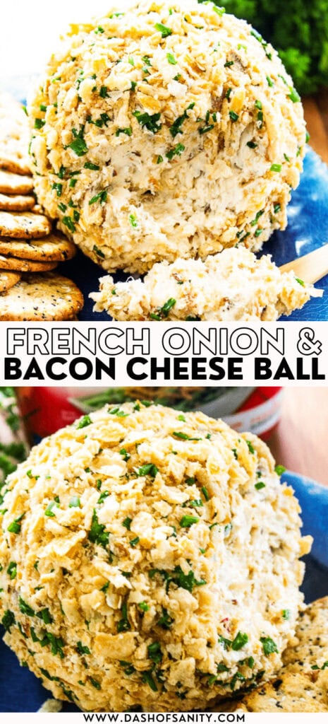 collage image of french onion cheese ball with recipe title