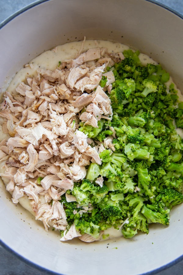 chicken and broccoli added to the pot.