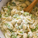 overhead shot of chicken broccoli alfredo in pot
