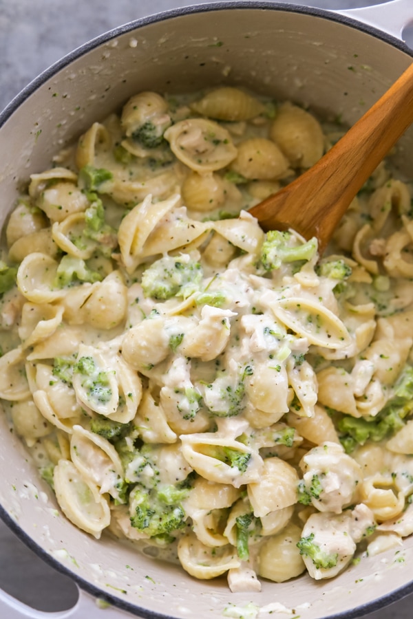 overhead shot of chicken broccoli alfredo in pot