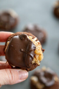 close up shot of chocolate thumbprint cookie