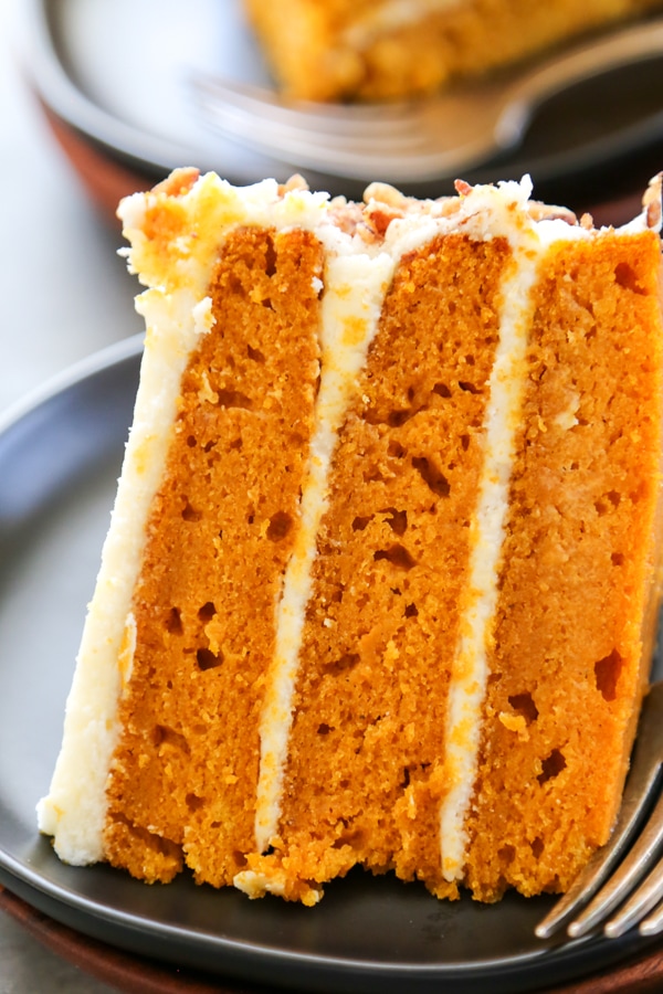 a close up shot of a slice of frosted carrot cake.
