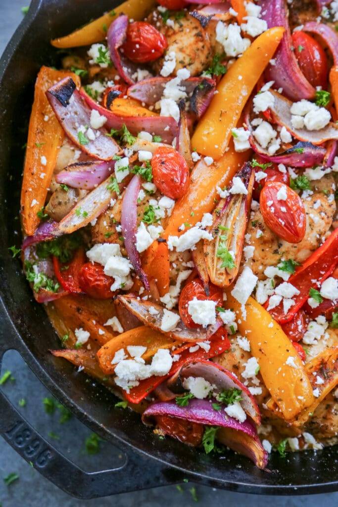 overhead shot of Mediterranean chicken garnished with feta.