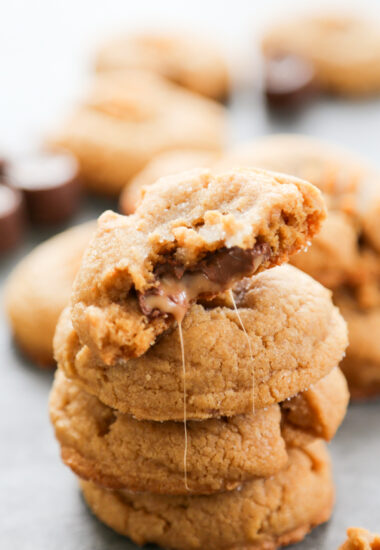 a stack of peanut butter rolo cookies.