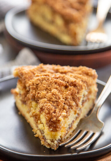 a slice of coffee cake on a plate.