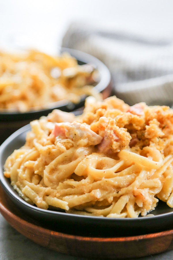 Creamy Chicken Cordon Bleu Pasta Bake on a plate.