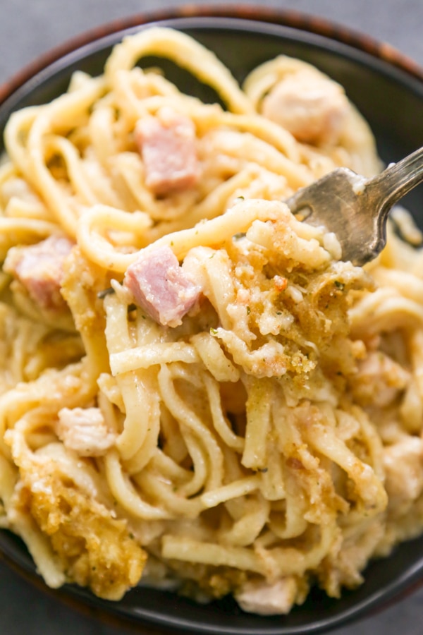 overhead shot of pasta on a plate.