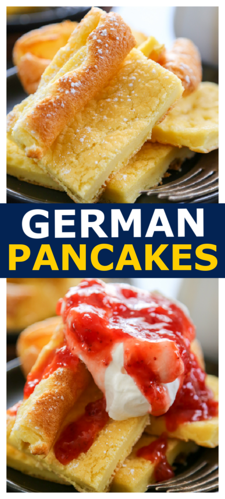 german pancakes collage top picture pancakes have maple syrup drizzled and lower picture pancakes are topped with whipped cream and strawberry sauce
