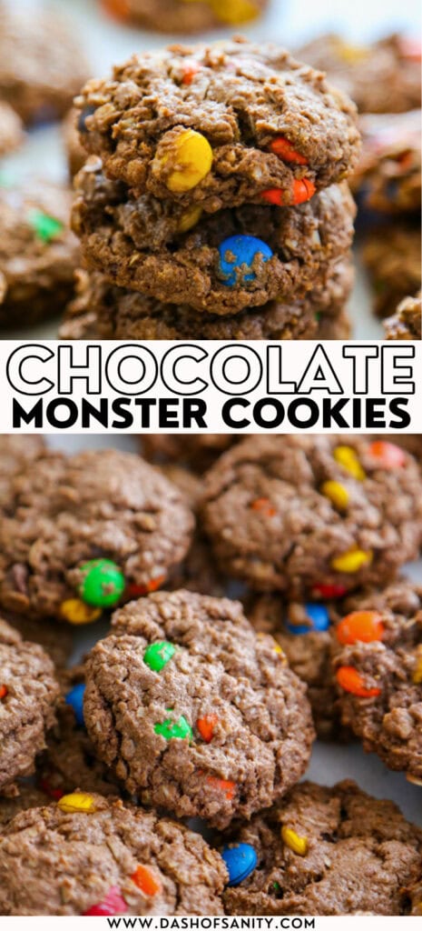 collage image of chocolate monster cookies with recipe title