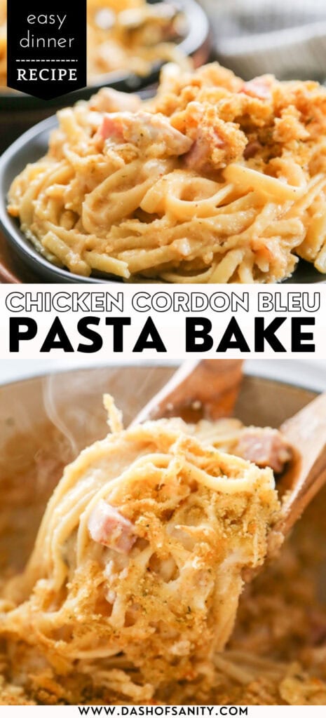 collage image of chicken cordon bleu pasta bake