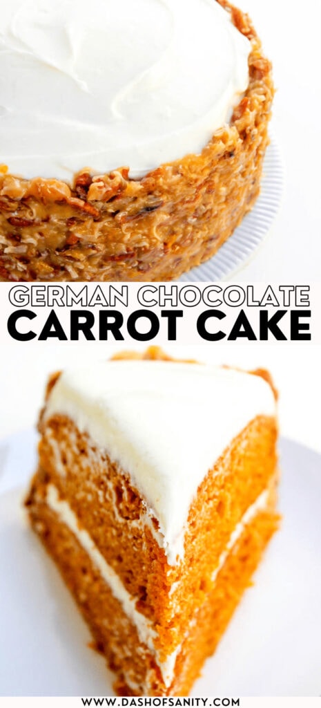 german chocolate frosted carrot cake collage image with recipe title