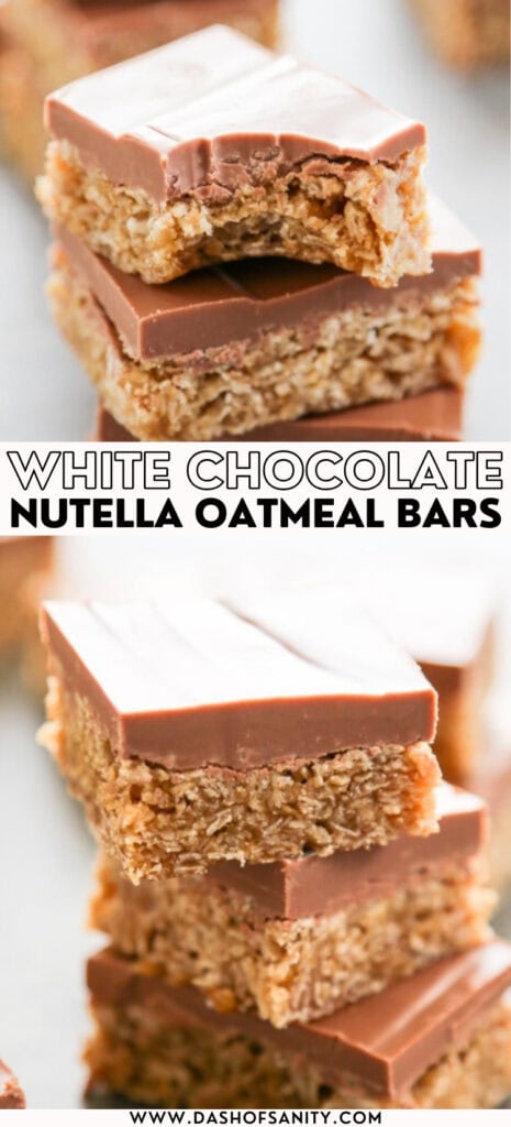 collage image of white chocolate nutella oatmeal bars with recipe title