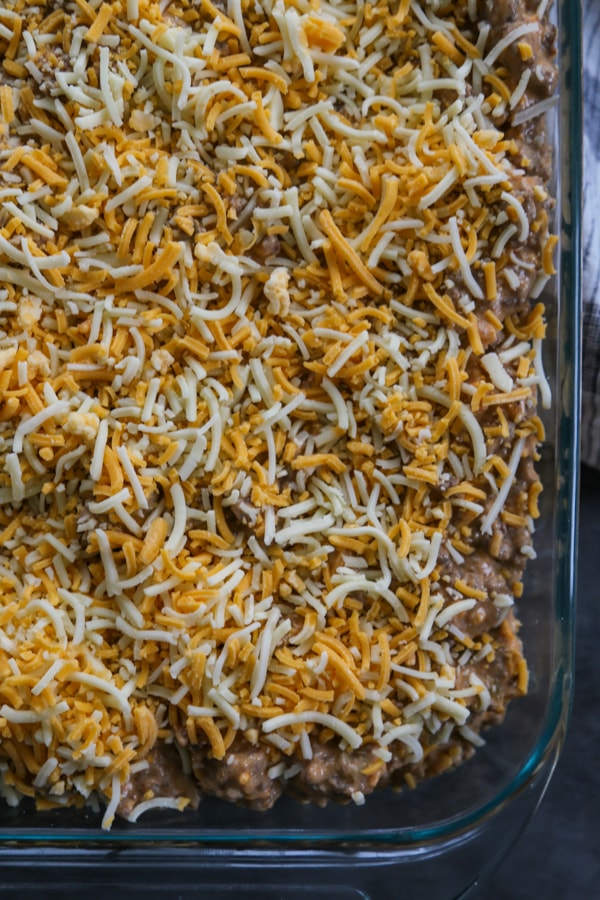cheese sprinkled over the top of the casserole.