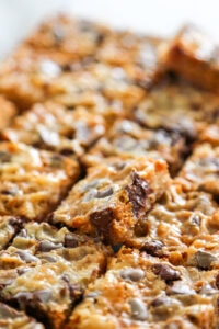 close-up of a pan of sliced bars.