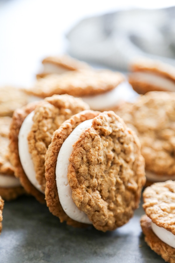 close-up shot of oatmeal sandwich cookies.