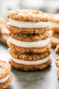 a stack of three sandwich cookies.