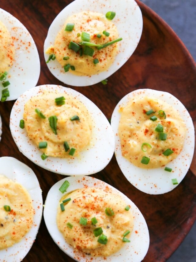 overhead shot of deviled eggs.