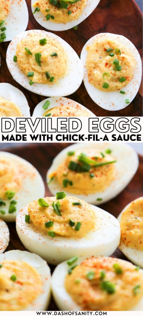 collage image of deviled eggs with chick-fil-a sauce with recipe title