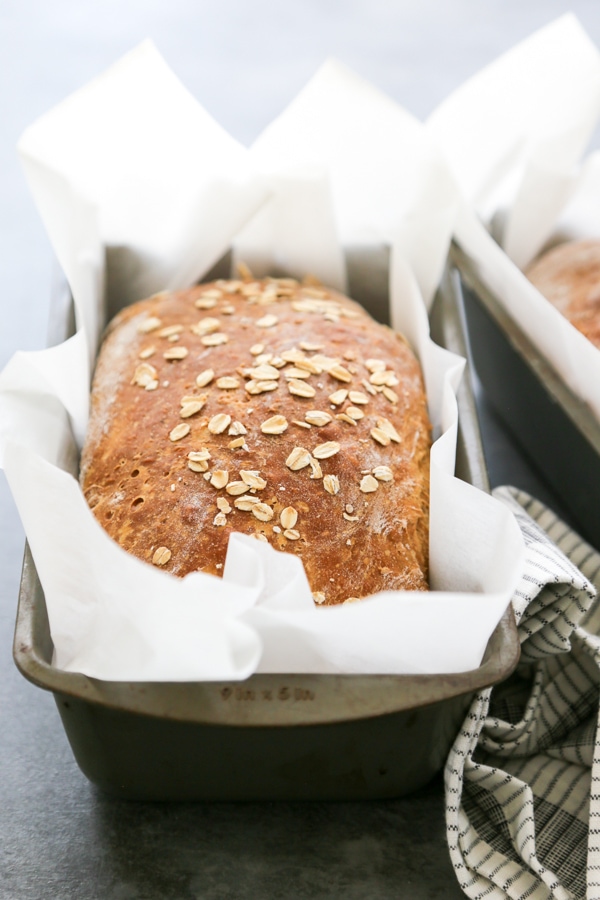 a baked loaf in a pan.