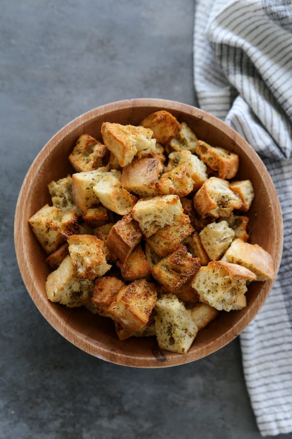 overhead shot of a bowl of croutons.