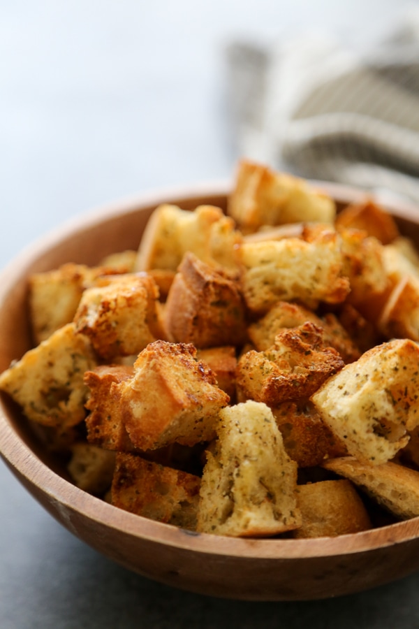 a bowl of croutons.