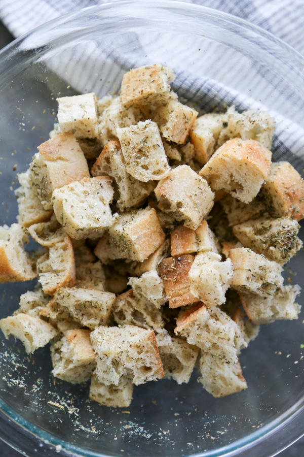 seasoned bread cubes in a bowl.