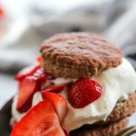 chocolate strawberry shortcake on a plate.