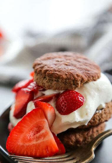 chocolate strawberry shortcake on a plate.
