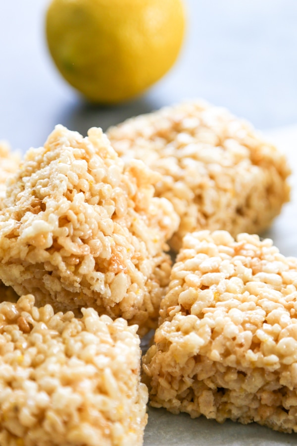 close up shot of lemon rice krispie treats.