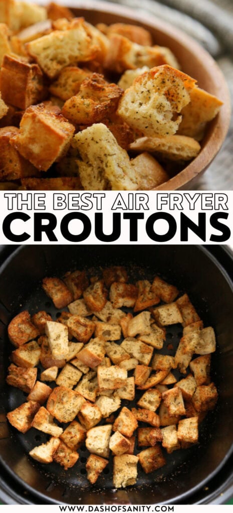 collage image of croutons in the air fryer with recipe title