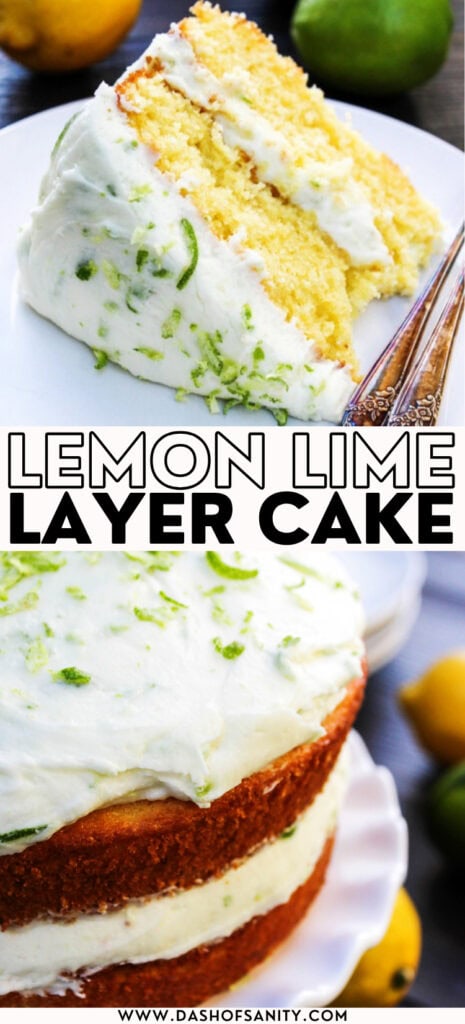 collage image with recipe title of lemon lime layer cake