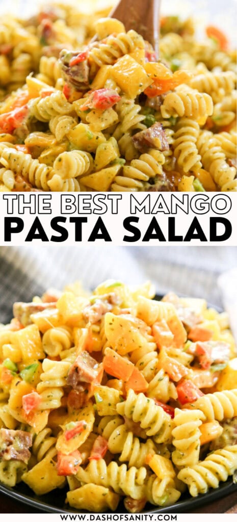 collage image of mango pasta salad