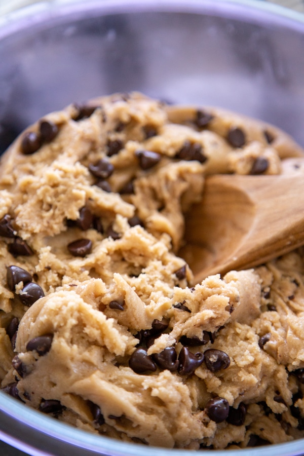 vegan chocolate chip cookie dough in glass bowl