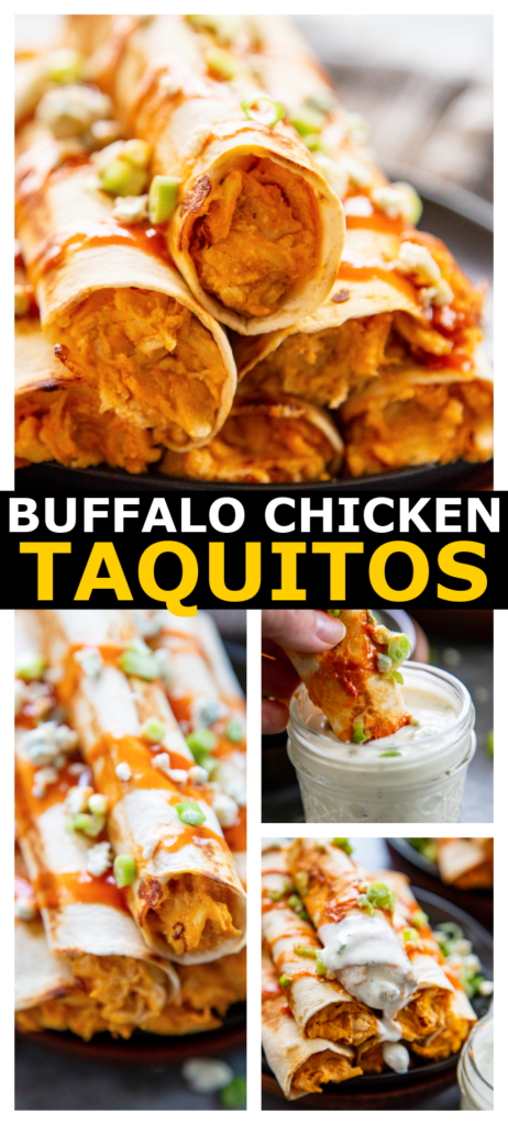 collage image of finished buffalo chicken taquitos