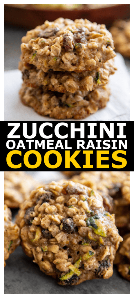 collage image of baked zucchini oatmeal raisin cookies