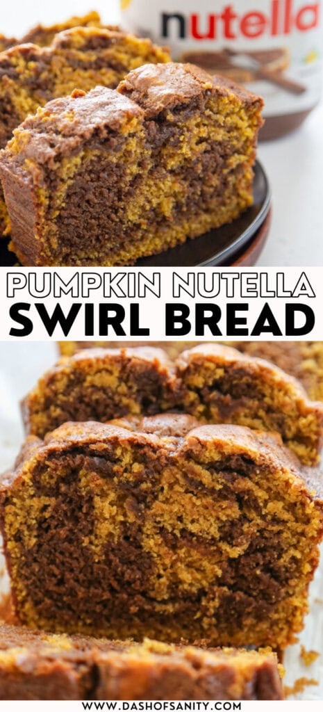 collage image of pumpkin swirl bread made with Nutella