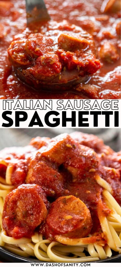 collage image of italian sausage spaghetti sauce with recipe title