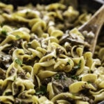 close up shot of beef stroganoff in skillet