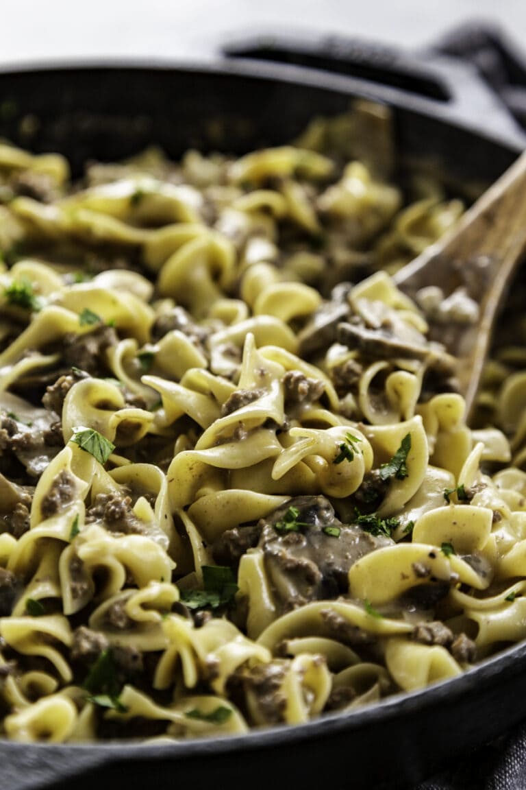 close up shot of beef stroganoff in skillet