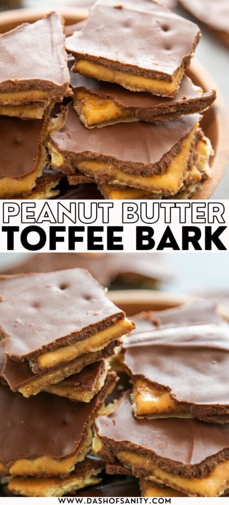 collage image of peanut butter toffee bark