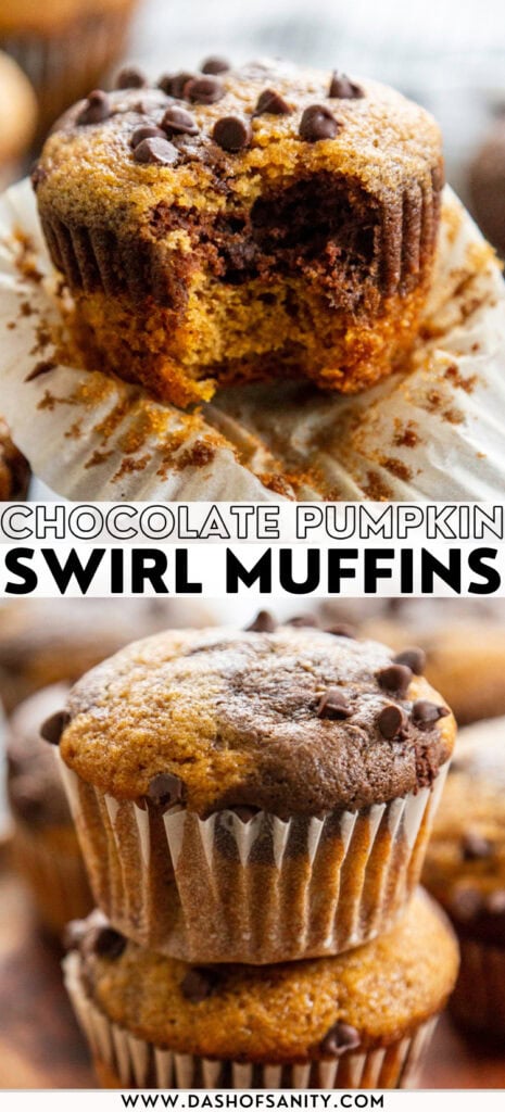 collage image of chocolate pumpkin swirl muffins with recipe title