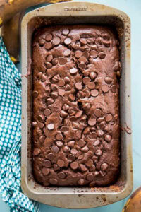 overhead shot chocolate banana bread with chocolate chips