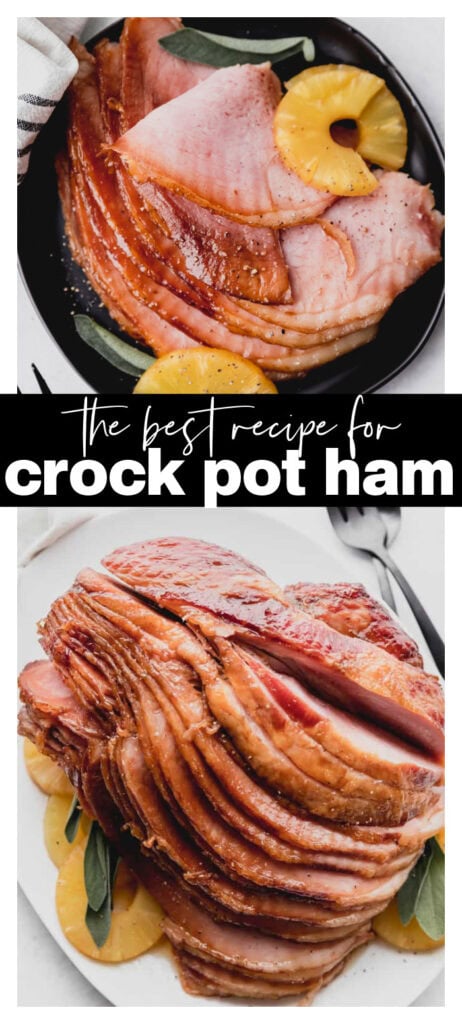 collage image of ham with pineapple slices on black plate with recipe title