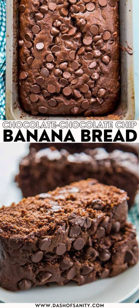 collage image of chocolate banana bread with chocolate chips