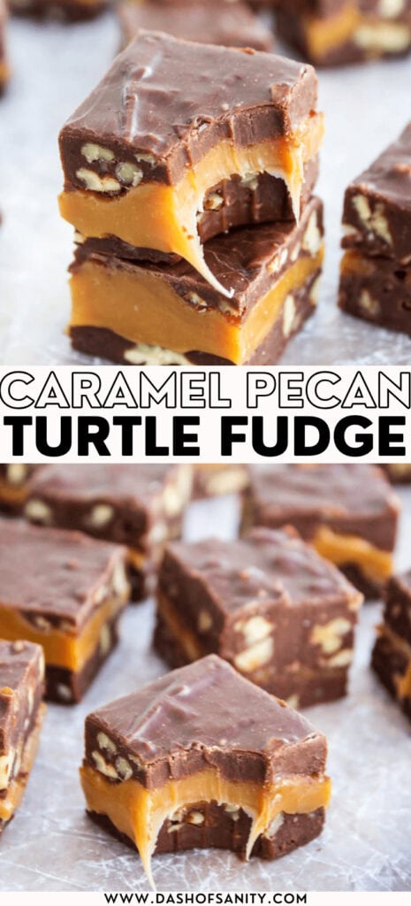 collage image of turtle fudge recipe with recipe title
