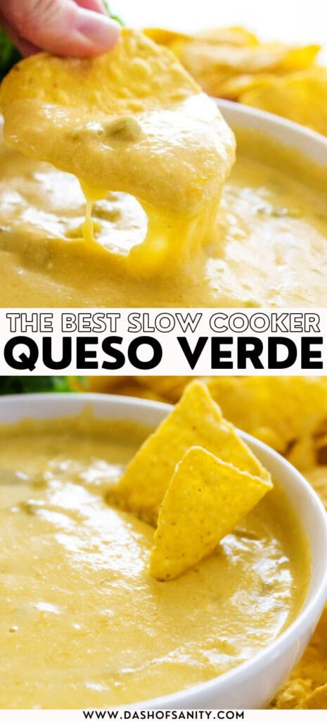 two images of chile verde with chips in a collage with recipe title